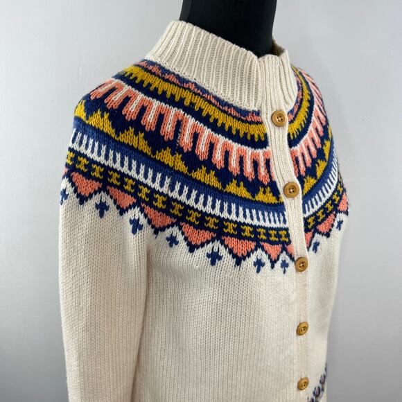 Lands' End Canvas Beige Multicolor Fair Isle Wool Button-Up Mock Neck Sweater XS - Picture 4 of 10